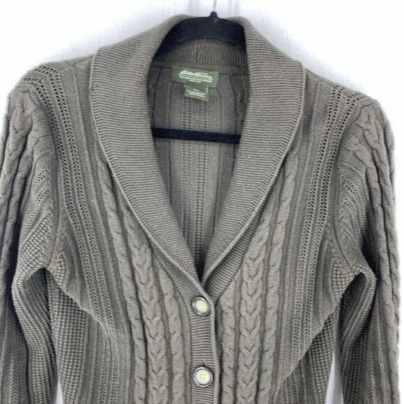 Eddie Bauer Womens Small Cardigan Sweater Fisherman Shawl Collar Cable Knit FLAW - Picture 3 of 8
